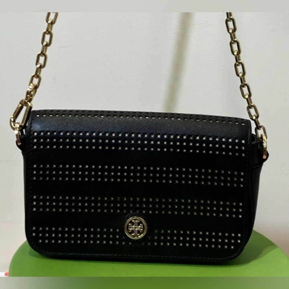 Tory Burch Robinson Saffiano Leather Crossbody Bag w/ Perforations in Black